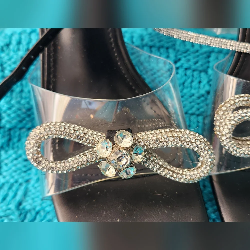 NIB Zzheels Blk Double Bowknots Crystal Clear Slingback Heels Square Toe Size8.5